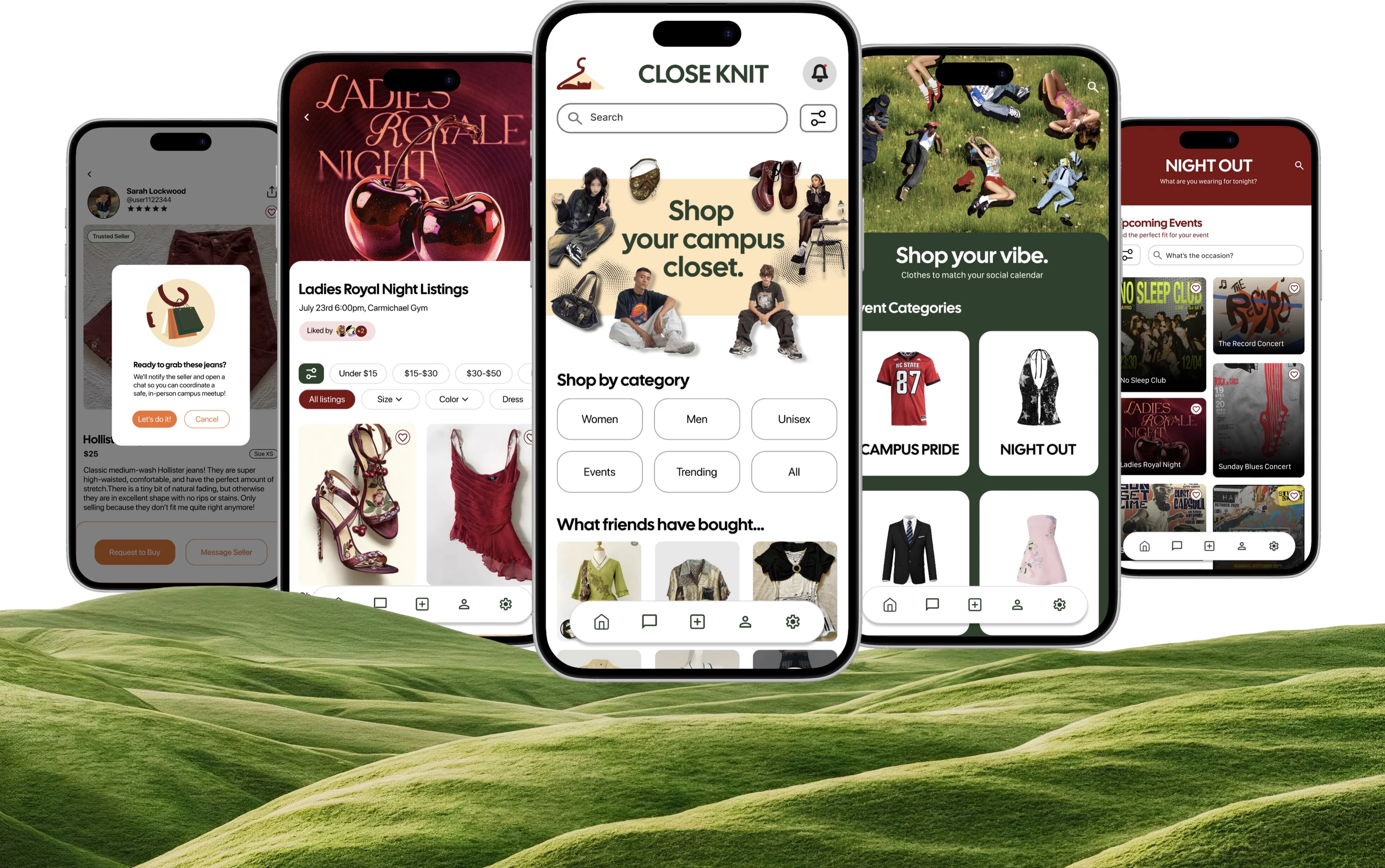 Close Knit app screens: home feed, event listings, product detail and checkout
