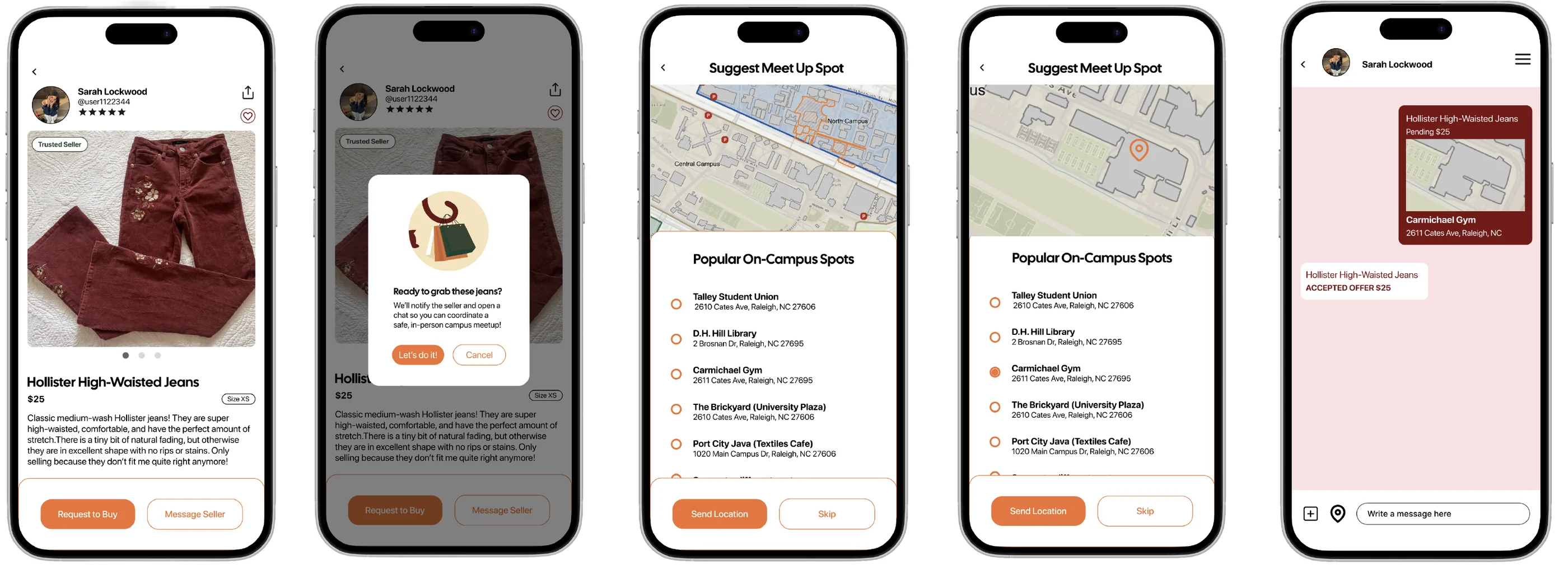 Product detail page + location suggestion + request confirmation flow