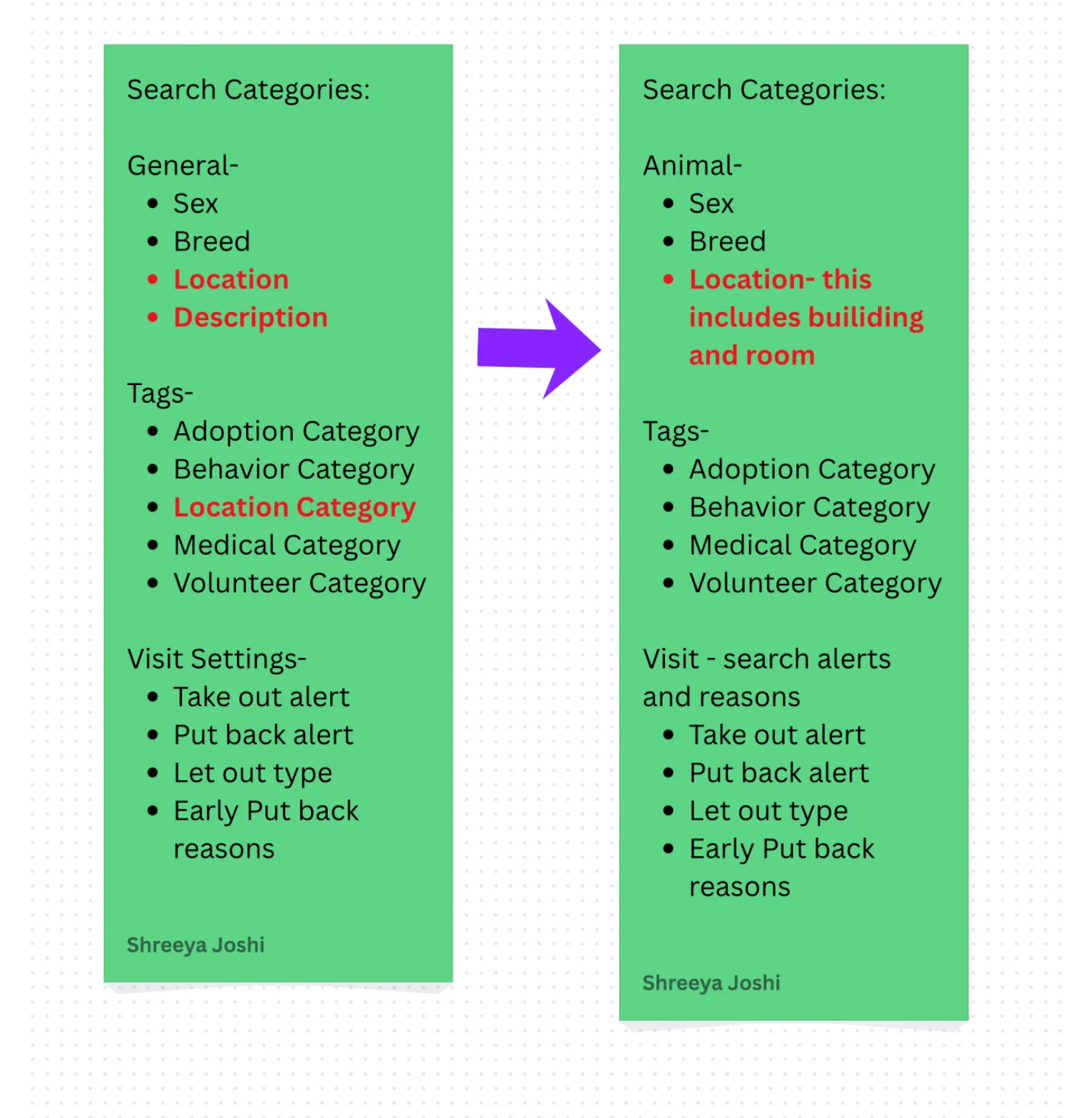Search filter before and after, showing the reorganized categories